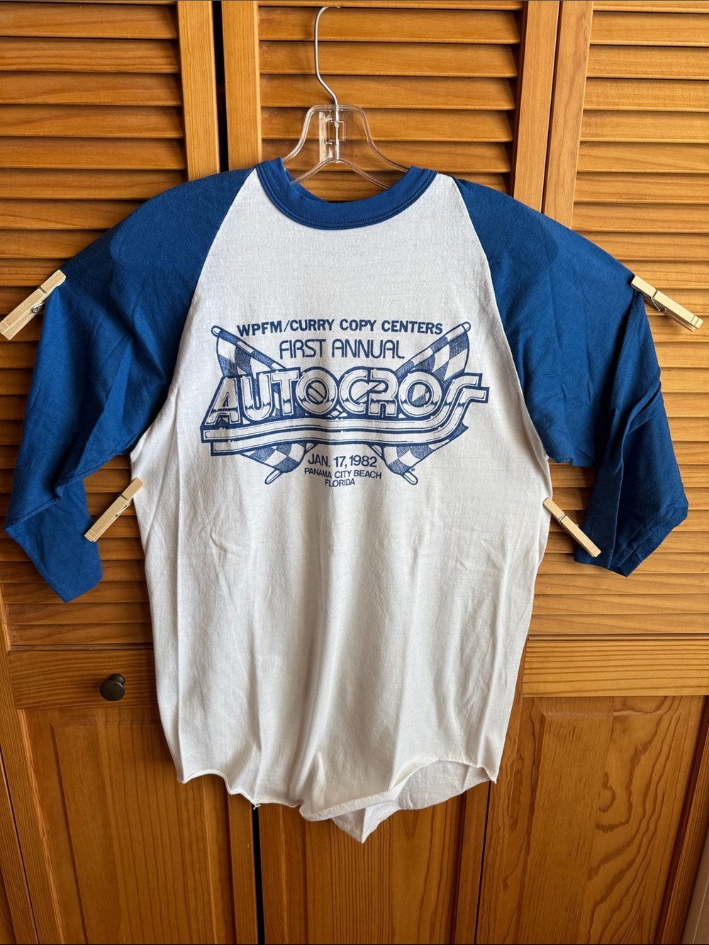 Vintage Men’s Blue & White Raglan 'Autocross' Graphic Tee 1982 Panama City Beach
